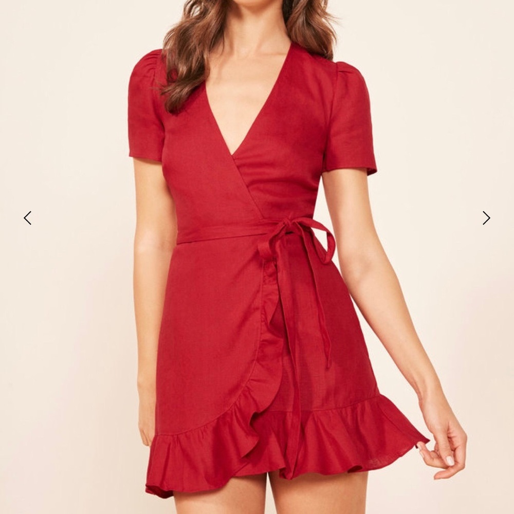 Reformation Sally Wrap Dress linen red